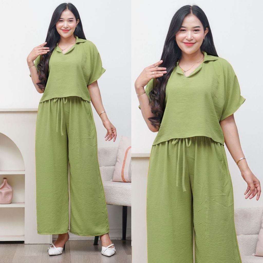 One set Luna setelan Crop Wanita polos Crinkle Airflow Celana Panjang Kulot /setelan wanita kekinian