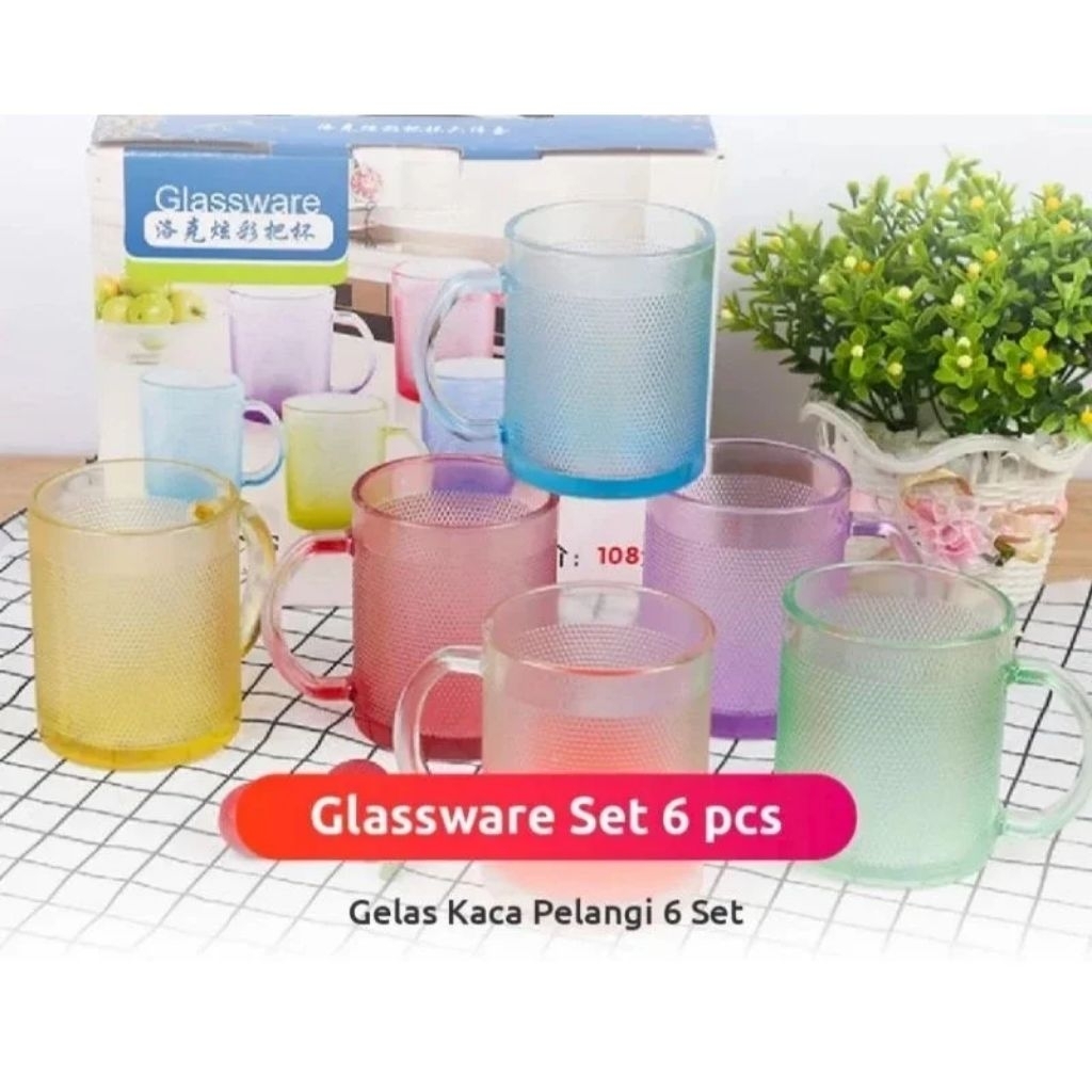Gelas Kaca 6 Set Warna Warni Glass Ware Gagang Manik Pelangi / Gelas Kaca Tebal Set Warna