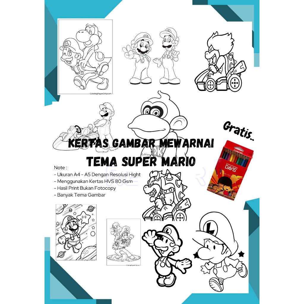 

10 Lembar Kertas Mewarnai Tema SUPER MARIO Gratis Pensil Warna