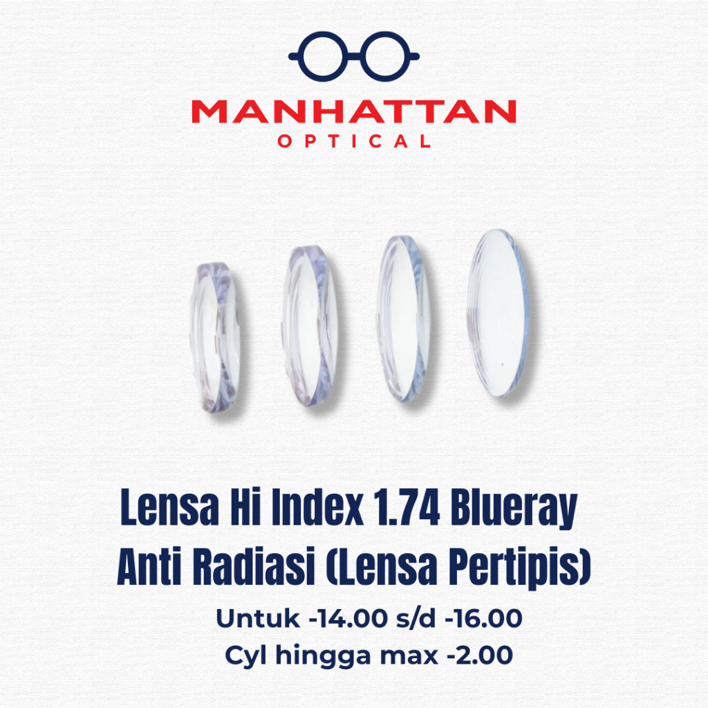 Manhattan Optical - Lensa Tipis Hi Index 1.74 | Blue Ray Anti Radiasi | Minus Silinder Custom