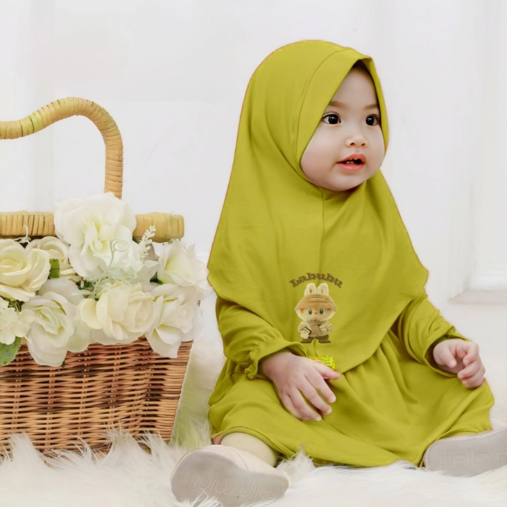 Gamis Bayi Perempuan labubu+jilbab Sabrina Series  0-6 bulan 8+18 bulan Bahan jersey Premium  Baju B