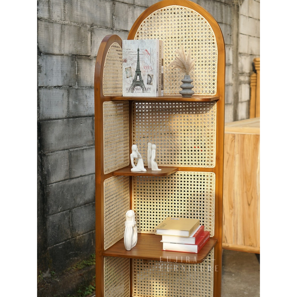 Rak Sudut Ruang Tamu Rak Buku 4 Susun Rotan Rak buku kayu jati Grade A