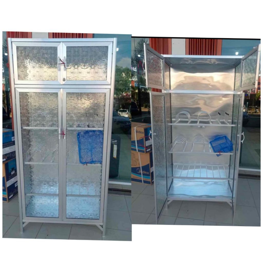 Rak Piring Aluminium 2 Pintu Full Kaca Polos