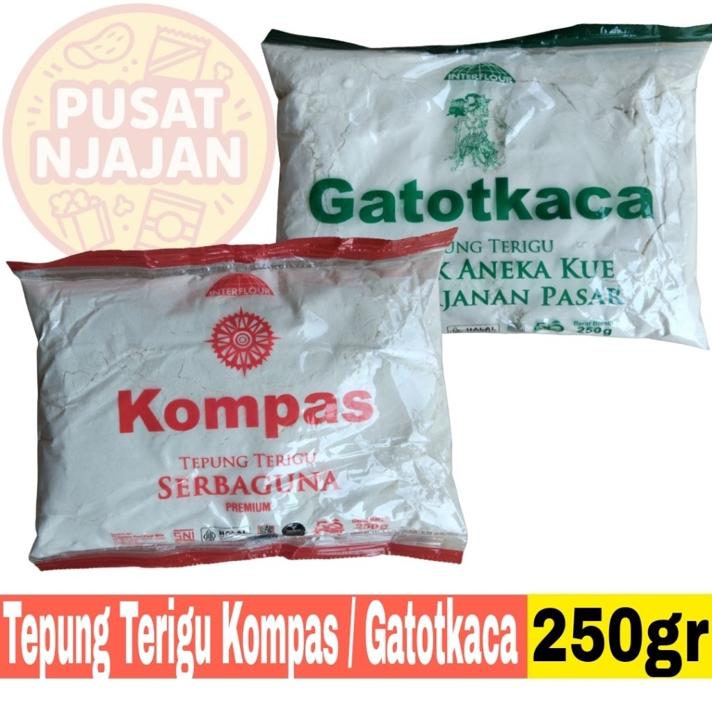 

Tepung Terigu Kemasan 250gr Kompas / Gatotkaca Protein Sedang dan Rendah