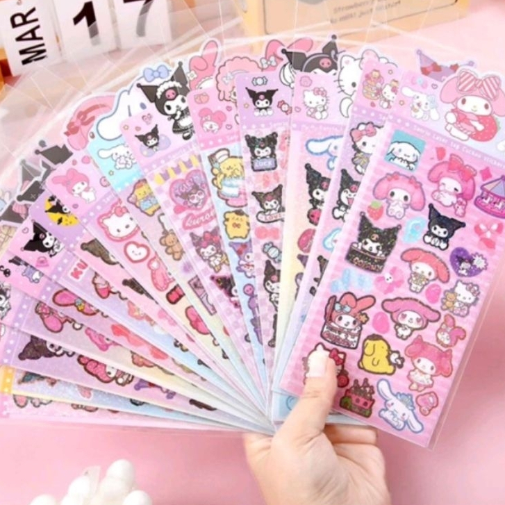 

Stiker Gliter Hologram Motif Sanrio Kuromi Melody Cinnamorol Pompompurin Karakter Lucu-Lucu Murah