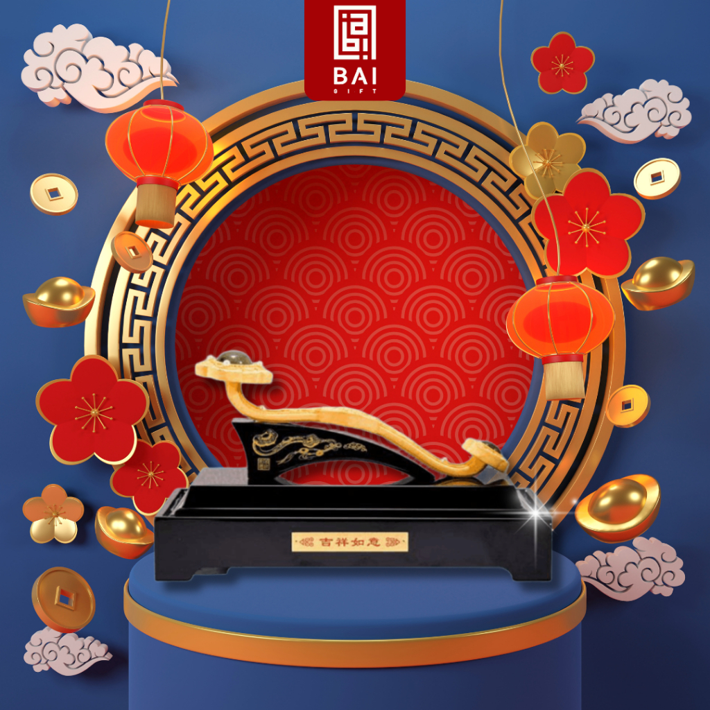 BAI GIFT PAJANGAN RUYI GIOK LAPISAN EMAS HIASAN RUMAH RUYI GIOK HOKI PEMBAWA KEBERUNTUNGAN