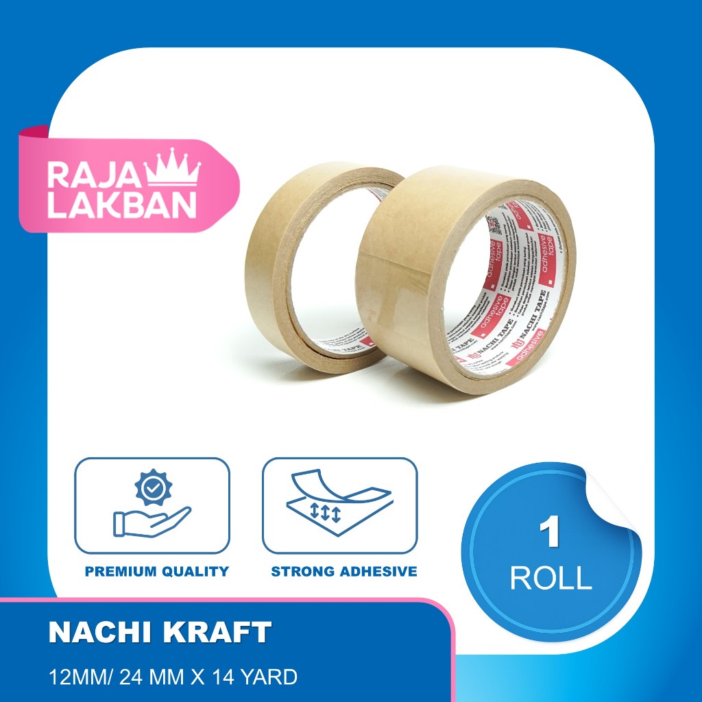 

Lakban Kertas Kraft Tape Nachi 1 inch 24mm, 2 inch 48mm 14 Yard - Coklat - Roll