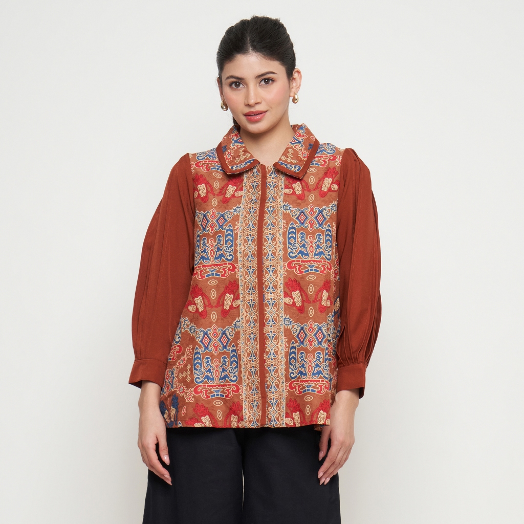 Rizkya Batik Blouse Lampion Doby List Polos Kancing Depan