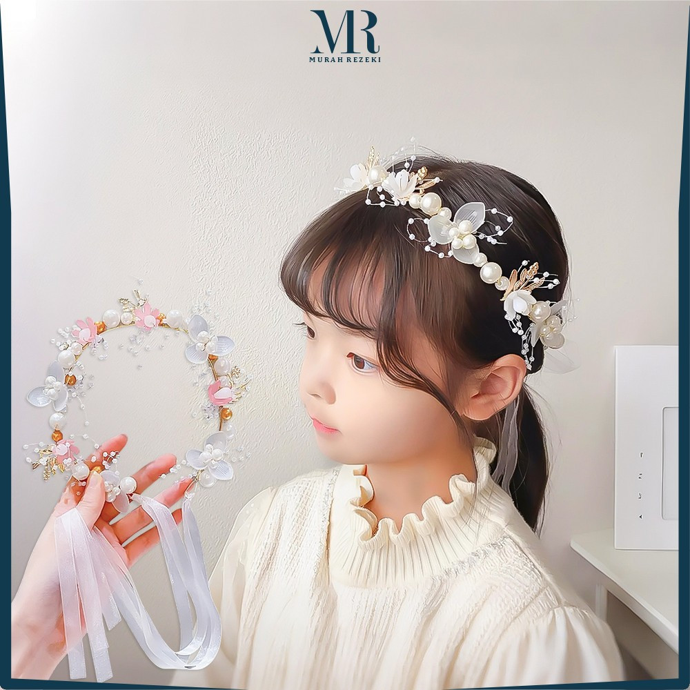 Bandana Mutiara Bunga Anak Aksesories Rambut Korean Style / Bando Bunga Mutiara Headpiece Pengantin 