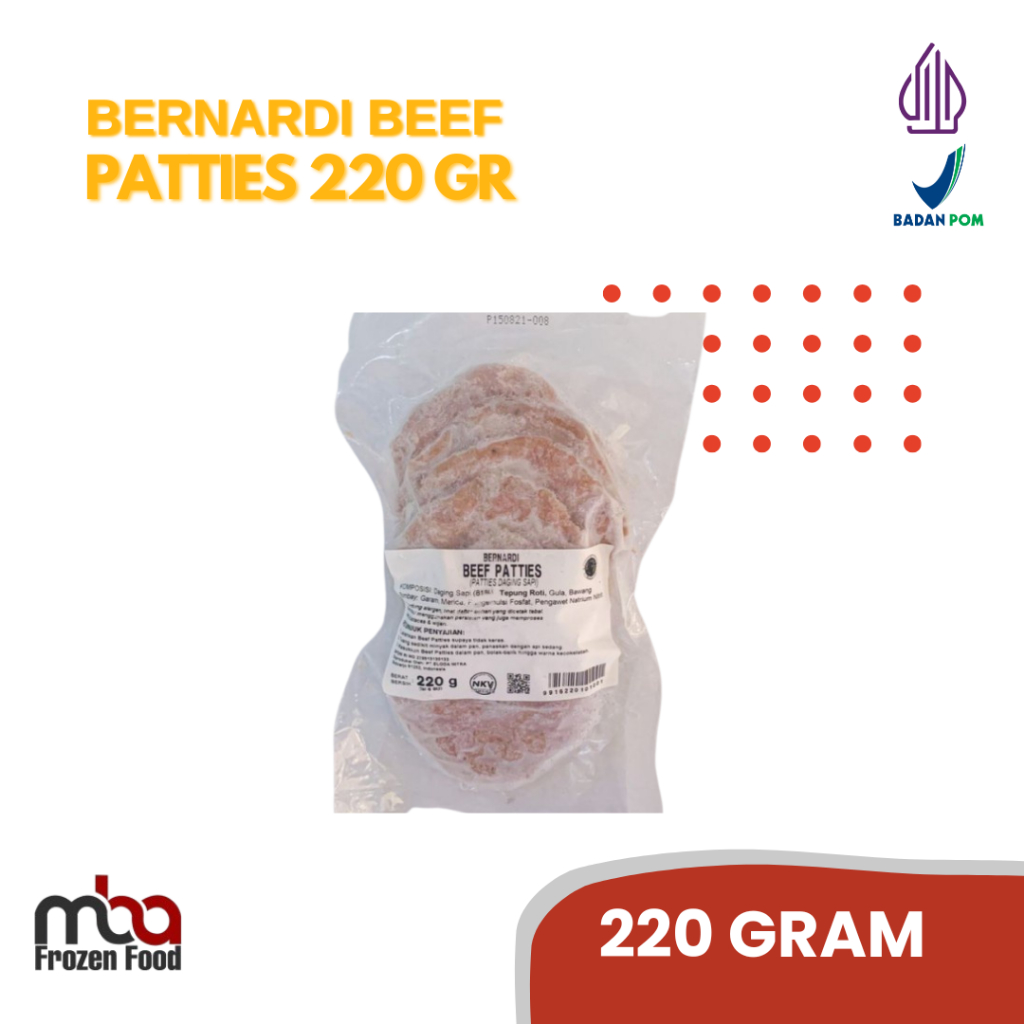 

Bernardi Beef Patties ( daging burger) 220 gr/6 pcs/Sosissapi /Sapi /Sosis /Daging /Kornet /Sate /Snack /Camilan /Dagingsapi /Dagingayam /Ayam /Frozen food