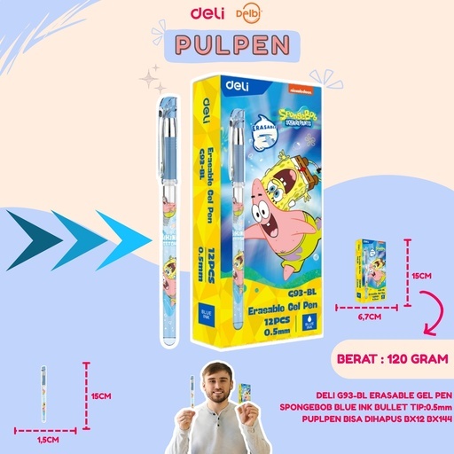 

DELI ERASABLE GEL PEN SPONGEBOB BLUE INK BULLET TIP PUPLPEN BISA DIHAPUS