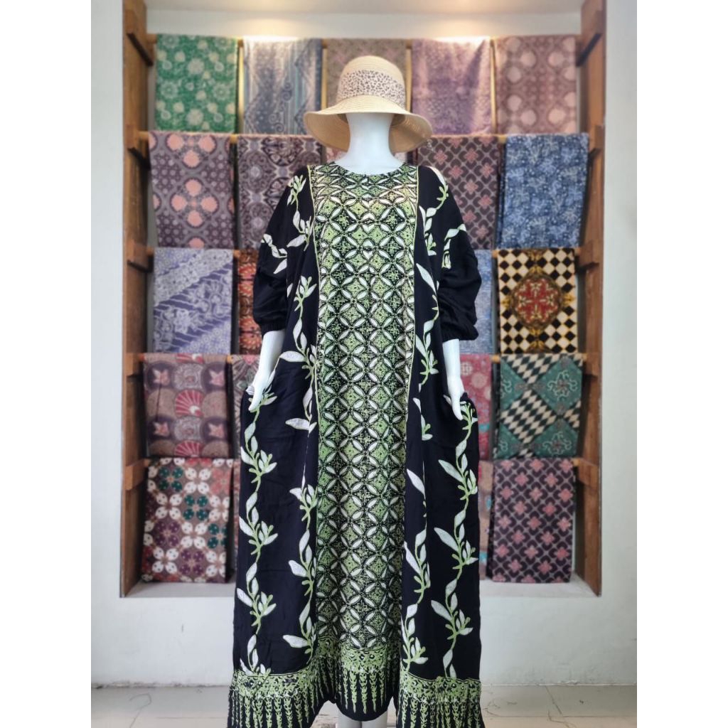 SUMILIR Kaftan Hitam Batik Cap Rayon Premium Candi Mekar Ld 160 Pb 140 Jumbo Busui Resleting Depan G