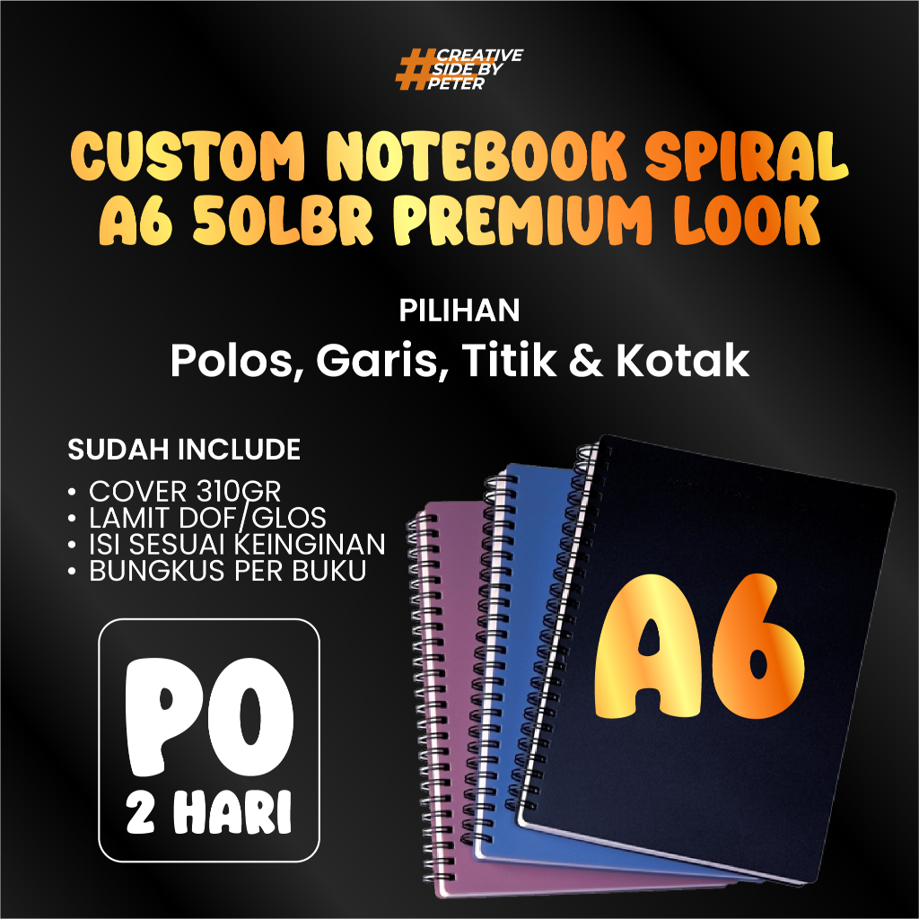 

Notebook A6 Spiral Premium Custom - isi 50 Garis, Titik, Kotak, Polos Logo