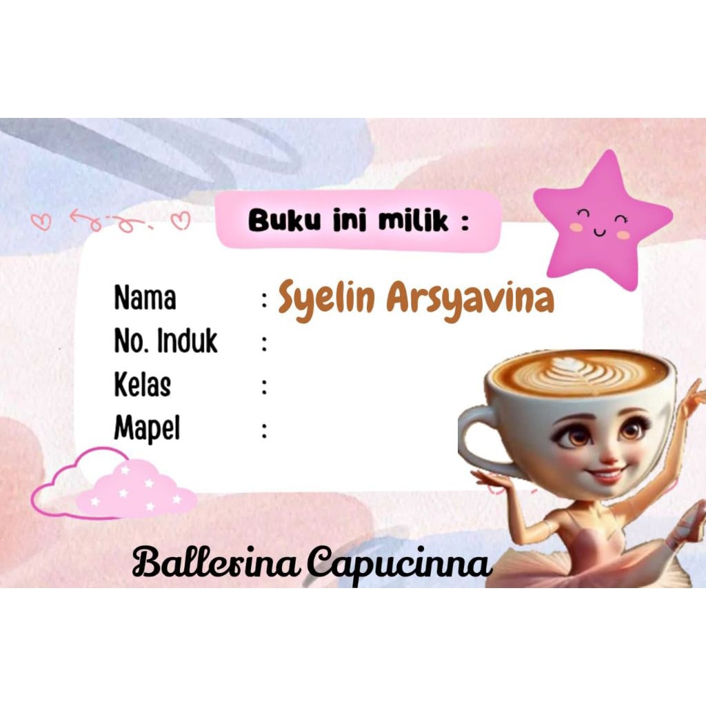 

(ISI 50 PCS) SUDAH ADA LEM STICKER LABEL BUKU SEKOLAH CUSTOM NAMA & FOTO MOTIF BALLERINA CAPUCINNA