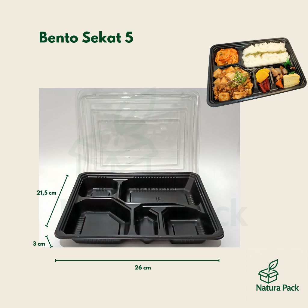 [10 SET] Mika Bento Sekat 5 – Warna Hitam & Putih – Wadah Nasi Catering – Tray + Tutup
