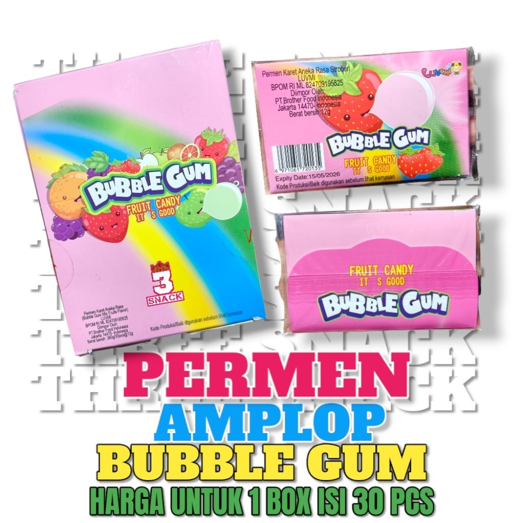 

1 BOX PERMEN AMPLOP BUBBLE GUM ISI 30 SACHET