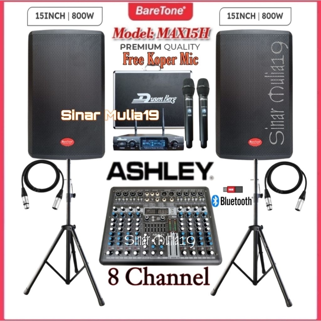 Paket Sound System Speaker Aktif 15 Inch 800 Watt BareTone MAX15H Mixer ASHLEY SMR8 Mic Wireless Dus