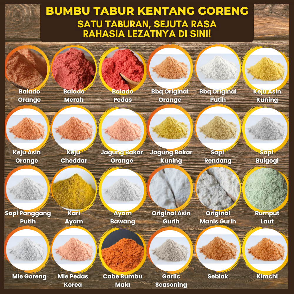 

Bumbu Tabur Kentang Goreng 1kg, Bubuk Serbaguna, Lengkap Semua Rasa dengan Kualitas Premium, Barbeque, Balado, Ayam Bawang, Keju, Jagung Bakar, Cabe Bumbu Mala, Garlic Seasoning, Rumput Laut, Mie Goreng, Mie Pedas Korea