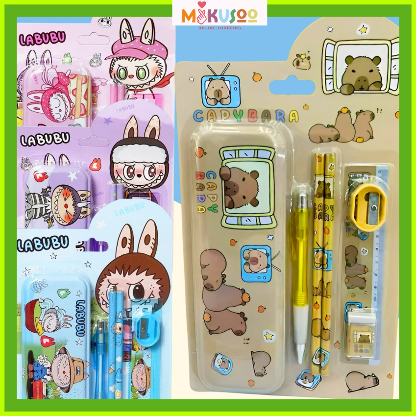 

Mikusoo Perlengkapan Alat Tulis Anak Sekolah 7 In 1 Hampers Kado Ulang Tahun Motif Capybara Labubu Stationary Pen Pensil Penggaris Rautan Kotak Pensil Penghapus