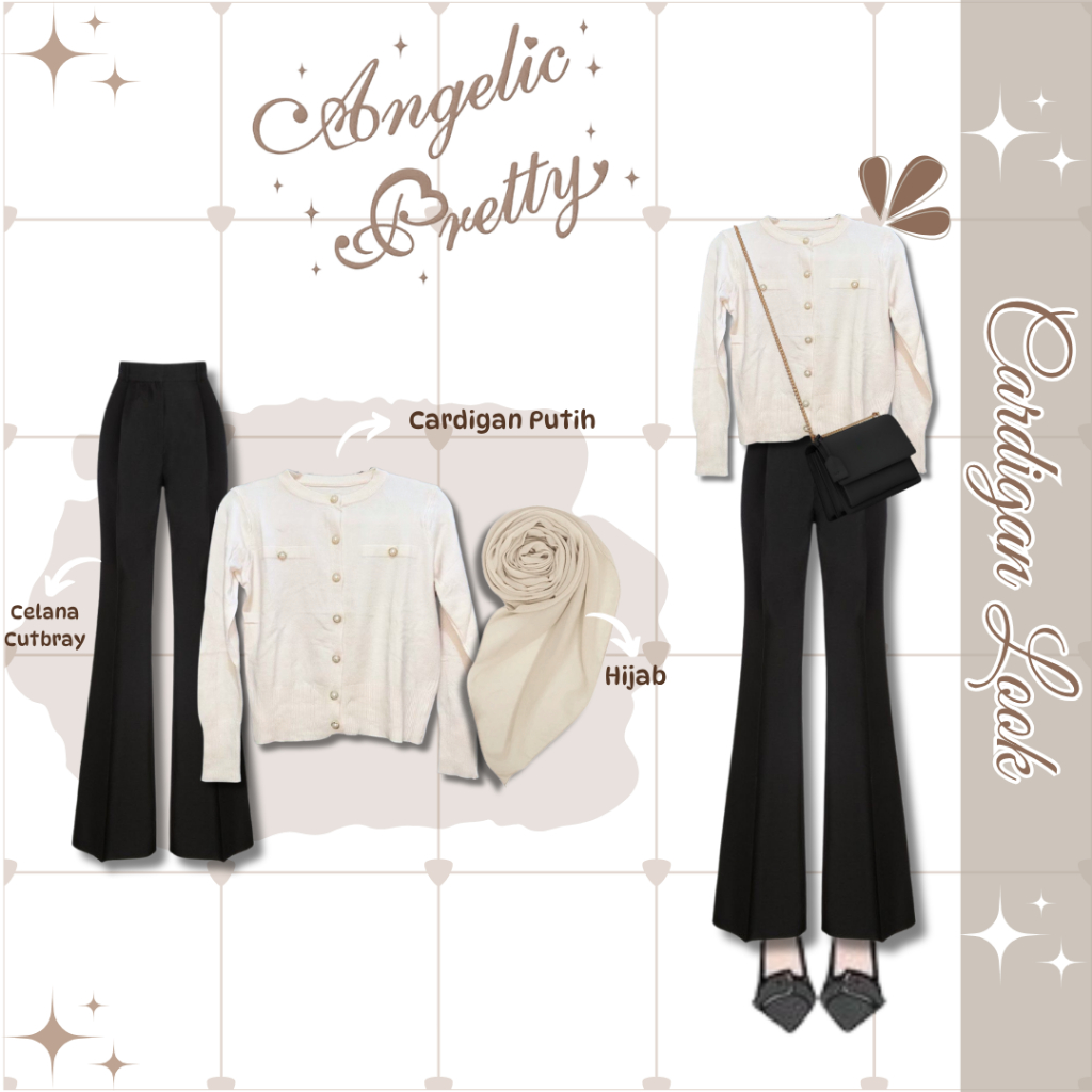 Outfit Hijab Casual Cantik – Cardigan Putih + Celana Cutbray Hitam + Hijab - Set Baju Wanita Kekinia
