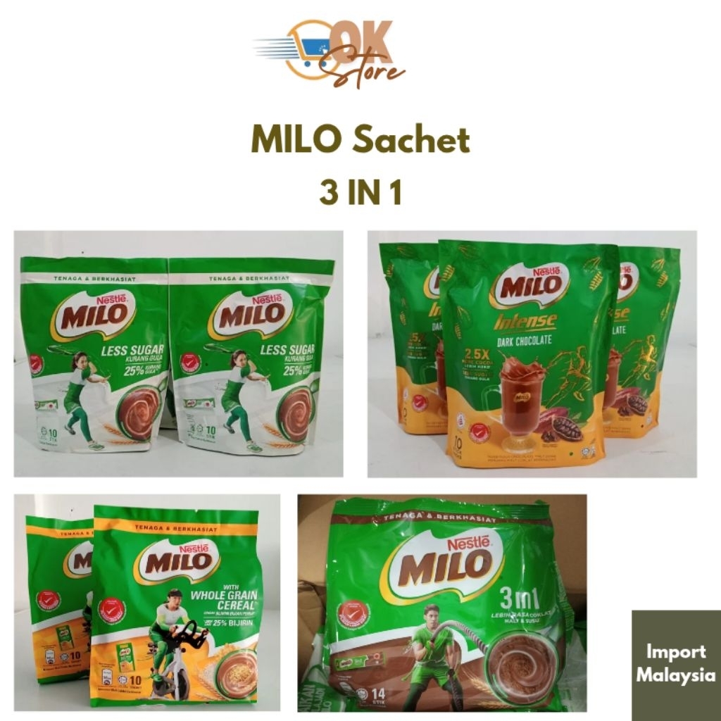 

Milo Malaysia Sachet 3 IN 1, Original, Less Sugar, Dark Chocolate, Cereal (Import Malaysia)