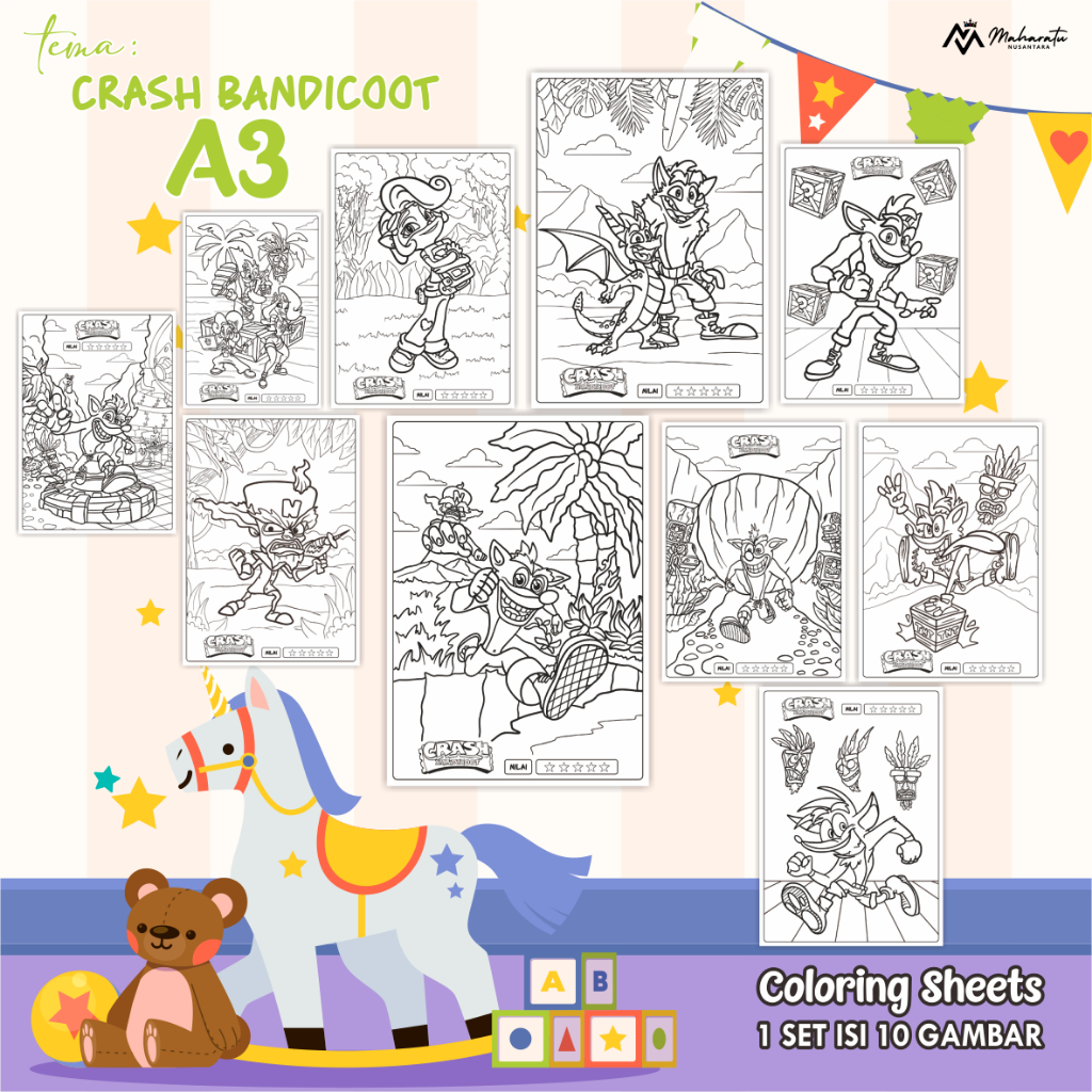 

[CRASH BANDICOOT] KERTAS MEWARNAI ANAK UKURAN A3 - COLORING SHEETS 1 SET ISI 10 LEMBAR - LEMBAR GAMBAR READY STOCK