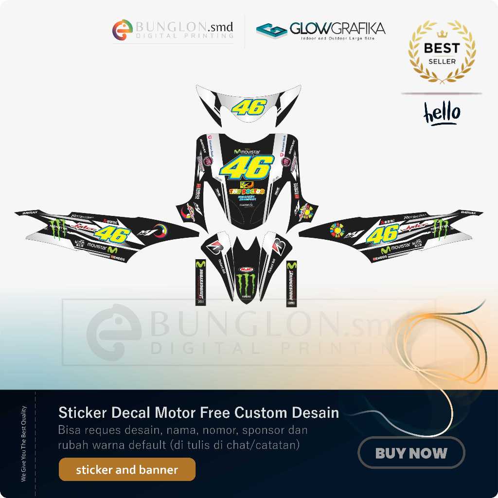 DECAL STIKER MOTOR CUSTOM YAMAHA MIO SMILE EDISI HITAM ABU VR 46