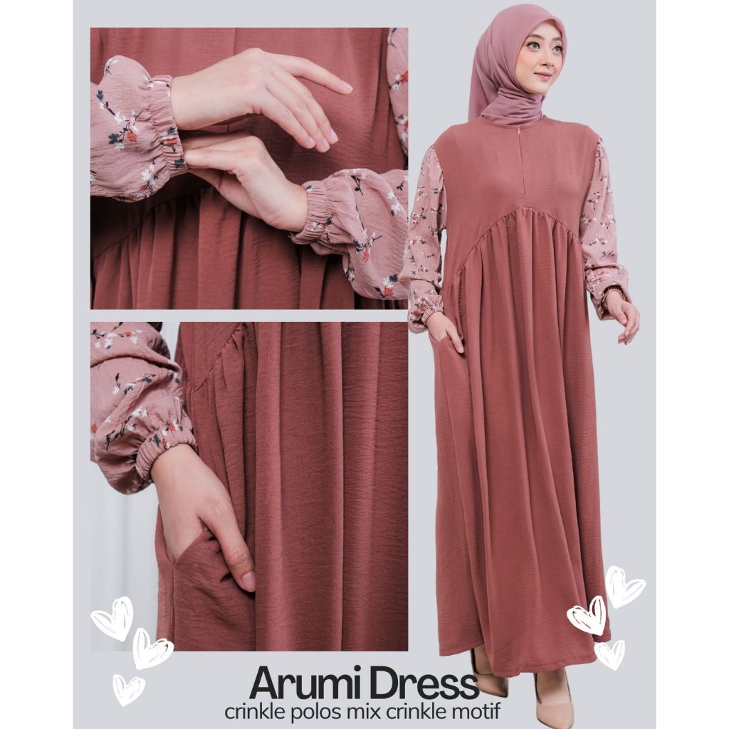 Arumi Dress Crinkle Premium Kombinasi Polos dan Motif,  Bahan Lembut dan Jatuh - Gamis BUSUI