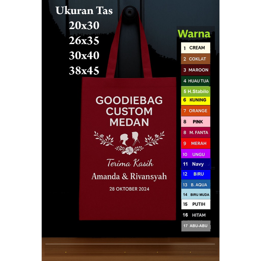 

Tas Goodie Bag Kain Custom Sablon 1 Warna Murah Spunbond Gambar Logo Ulang Tahun Seminar Wedding