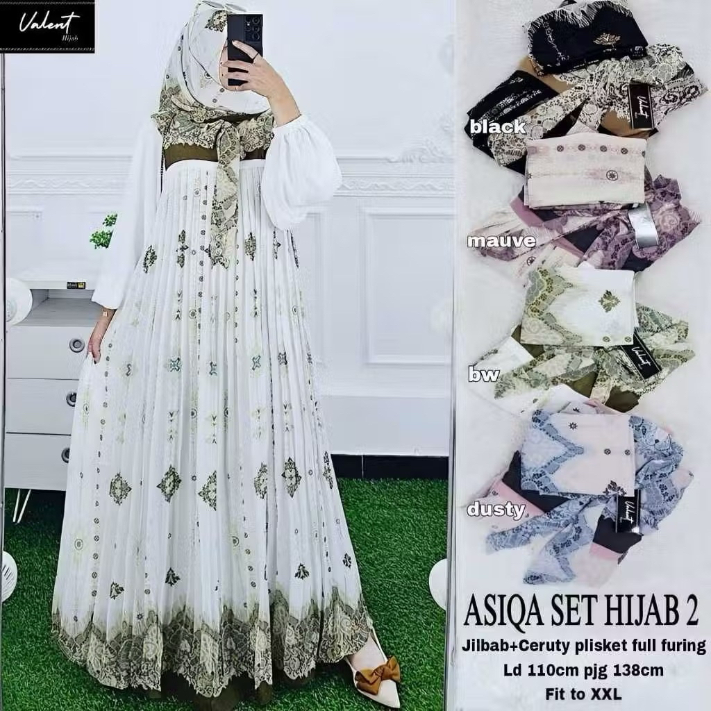 ASIQA SET HIJAB 2 Gamis Syar'i Plisket Full Furing Busana Muslim Wanita