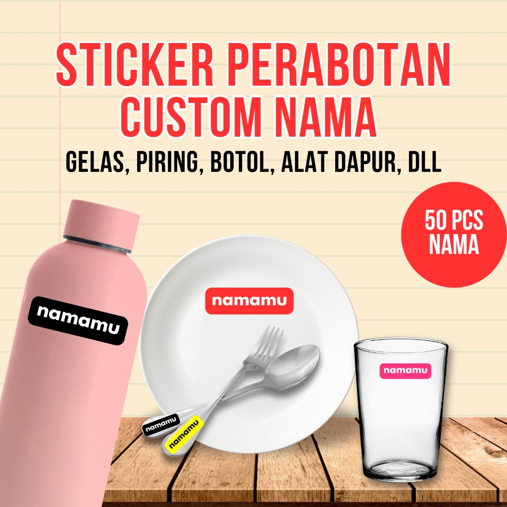 

50 PCS Stiker Waterproof Barang Custom Nama Piring Sendok Botol Gelas Perabotan timbul label