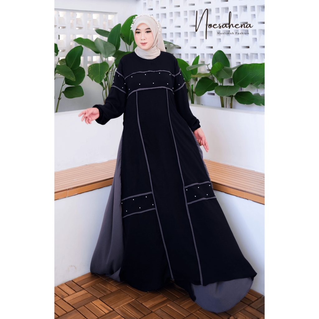 Noesahena Gamis Hitam Warna Pastel Kekinian Dress Abaya Strip Payet Polos Crinkle Sutra