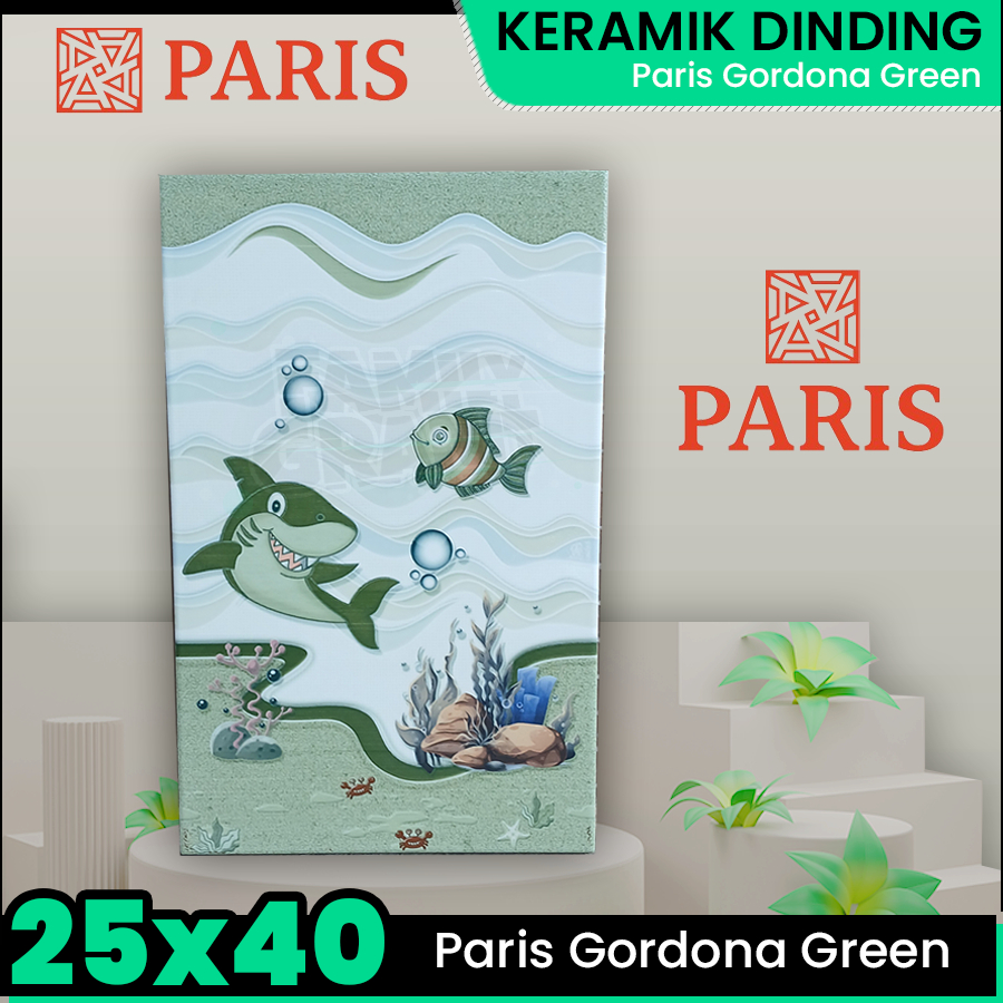 Keramik Dinding 25x40 Paris Gordona Green Wall Tile Kamar Mandi Motif Ikan Glossy Emboss