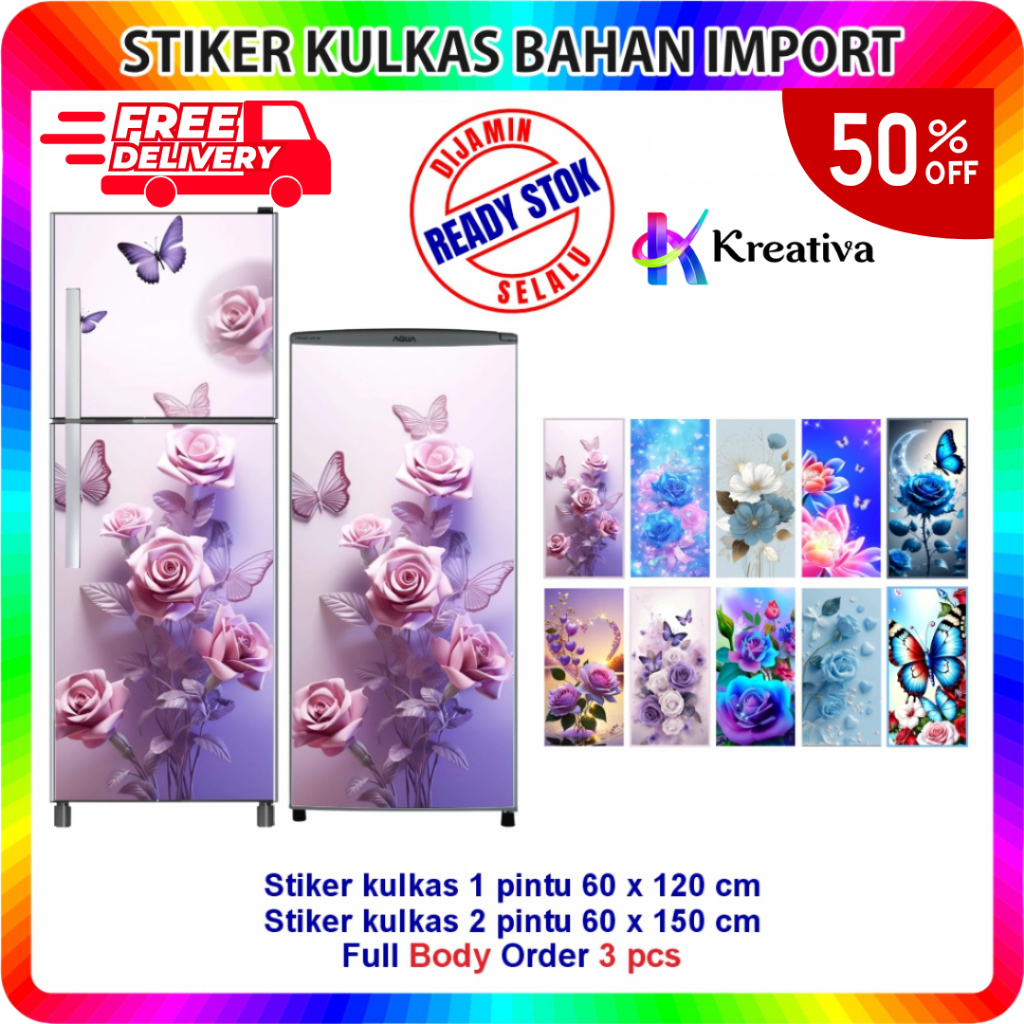 Sticker Stiker Kulkas 1 Pintu dan 2 Pintu Motif Bunga 2