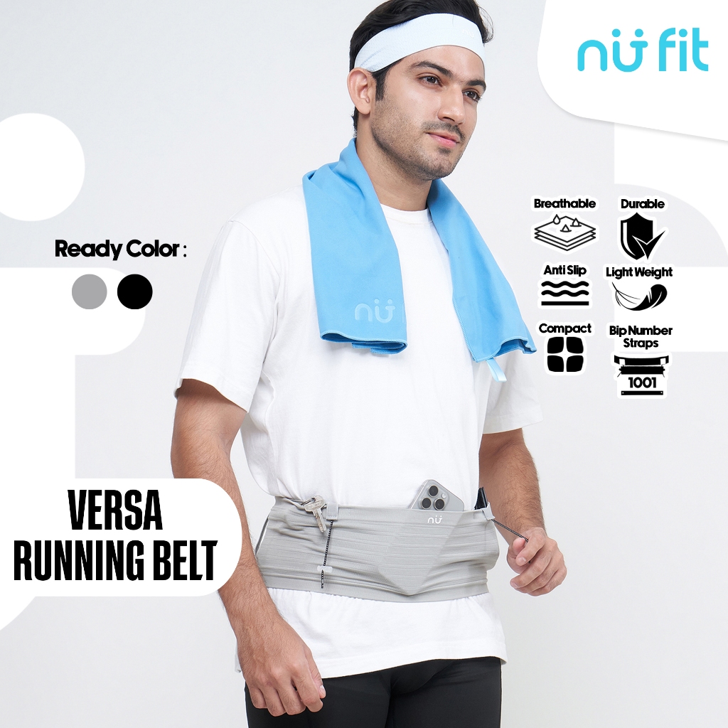 Nu Fit - (HITAM DAN ABU) Versa Running Belt - Tas Lari Unisex dengan BIB - Tas Pinggang Olahraga Mul