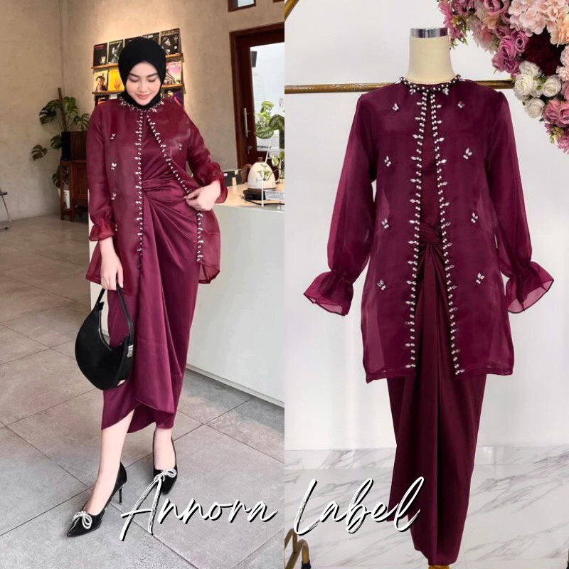 (Ready Jumbo XXL) Gamis Jemma Ikat Lilit Free Outer Organza Burgundy Lengan Balon Baju Kondangan Fas