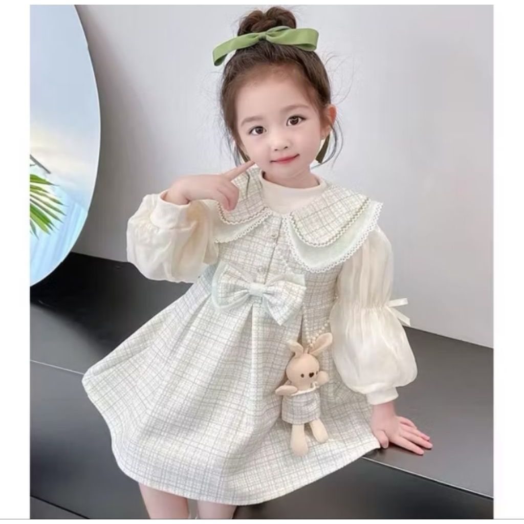 Dress Anak Perempuan Import Premium Bahan Tweed Tebal + boneka selempang