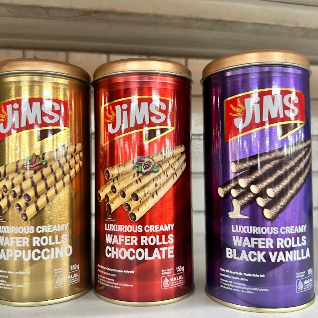 

Jims Wafer Rolls Kaleng 150gram Chocolate Cappuccino Black Vanilla