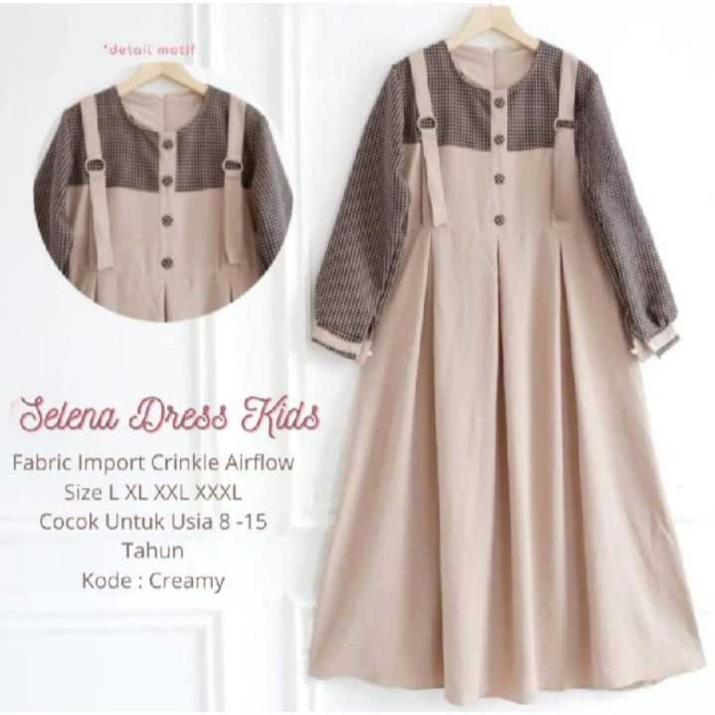 GAMIS ANAK WANITA MUSLIMAH UMUR 7-15 TAHUN MODEL OVERALL BAHAN CRINKLE AIRFLOW MIX KATUN KOTAK-KOTAK