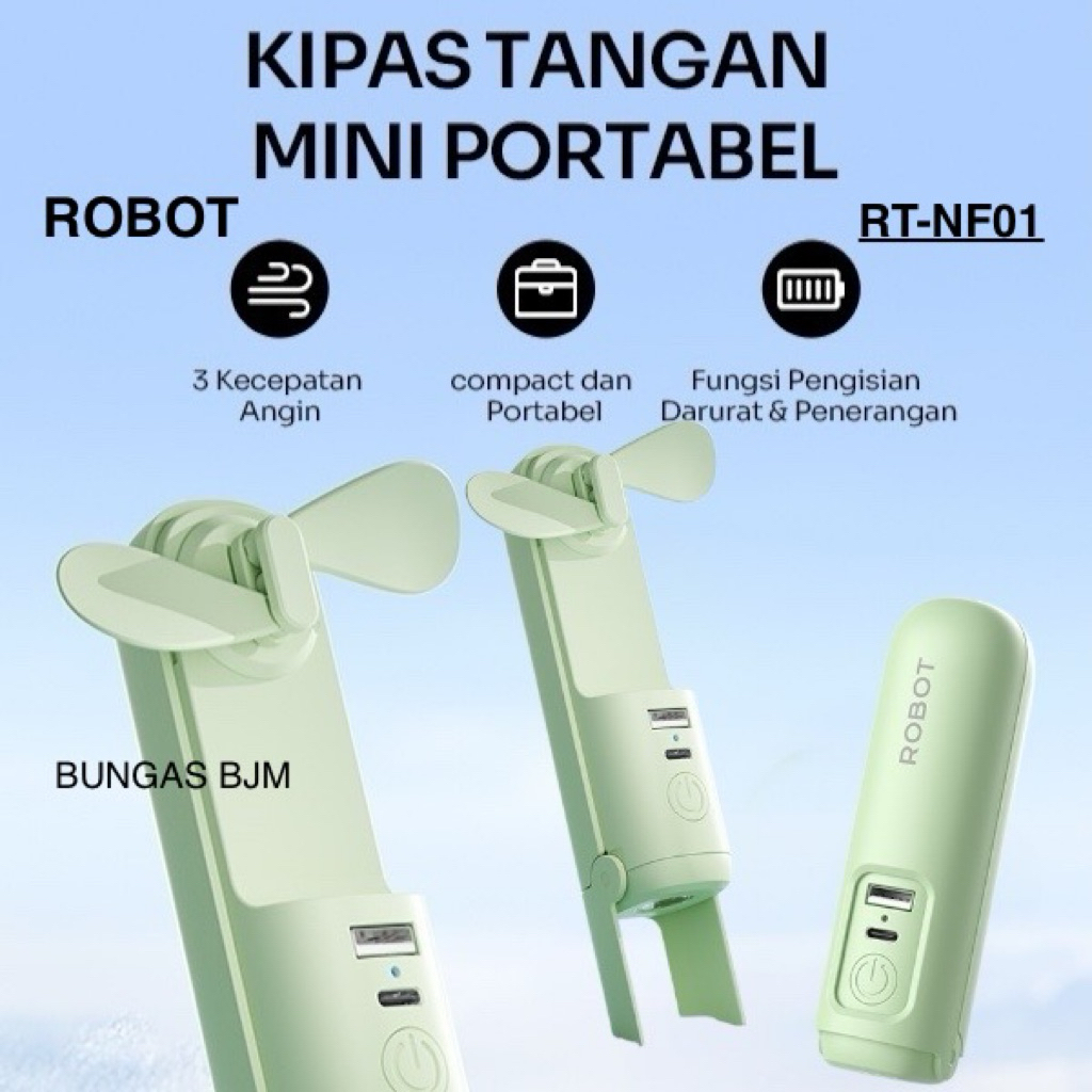 ROBOT MINI FAN RT-NF01 KIPAS ANGIN POWERBANK & SENTER