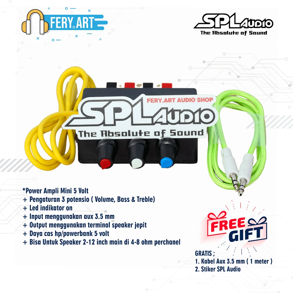 Power Ampli Mini Stereo 5 Volt Gratis Kabel Aux Stiker SPL Audio