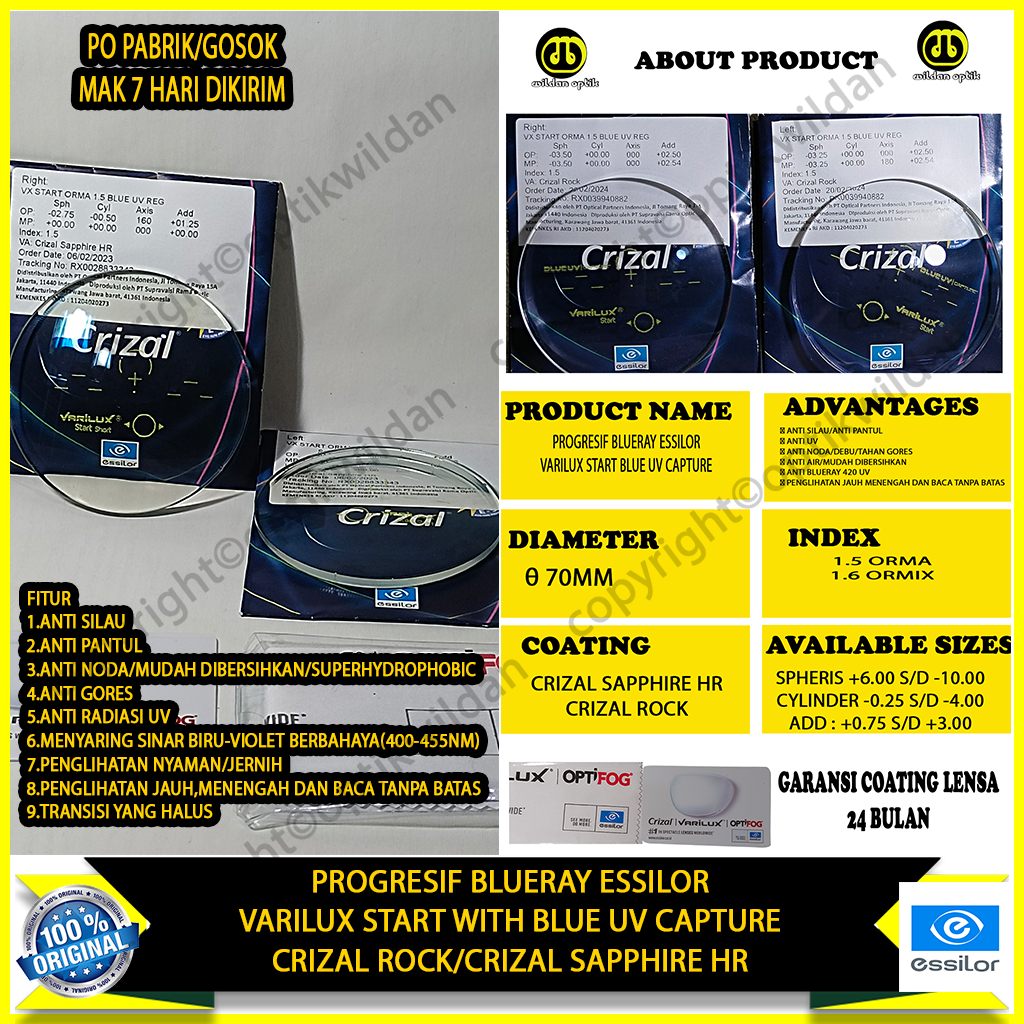 ESSILOR VARILUX START WITH BLUE UV CAPTURE CRIZAL ROCK/CRIZAL SAPPHIRE HR