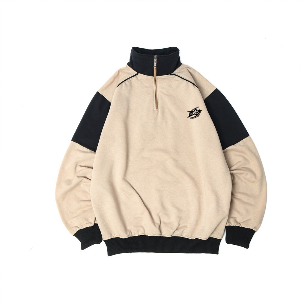 PLATINUM WORLD Sweatshirt Crewneck HALF ZIPP Rugby BT Beige Hitam Polos Couple Pria - Wanita