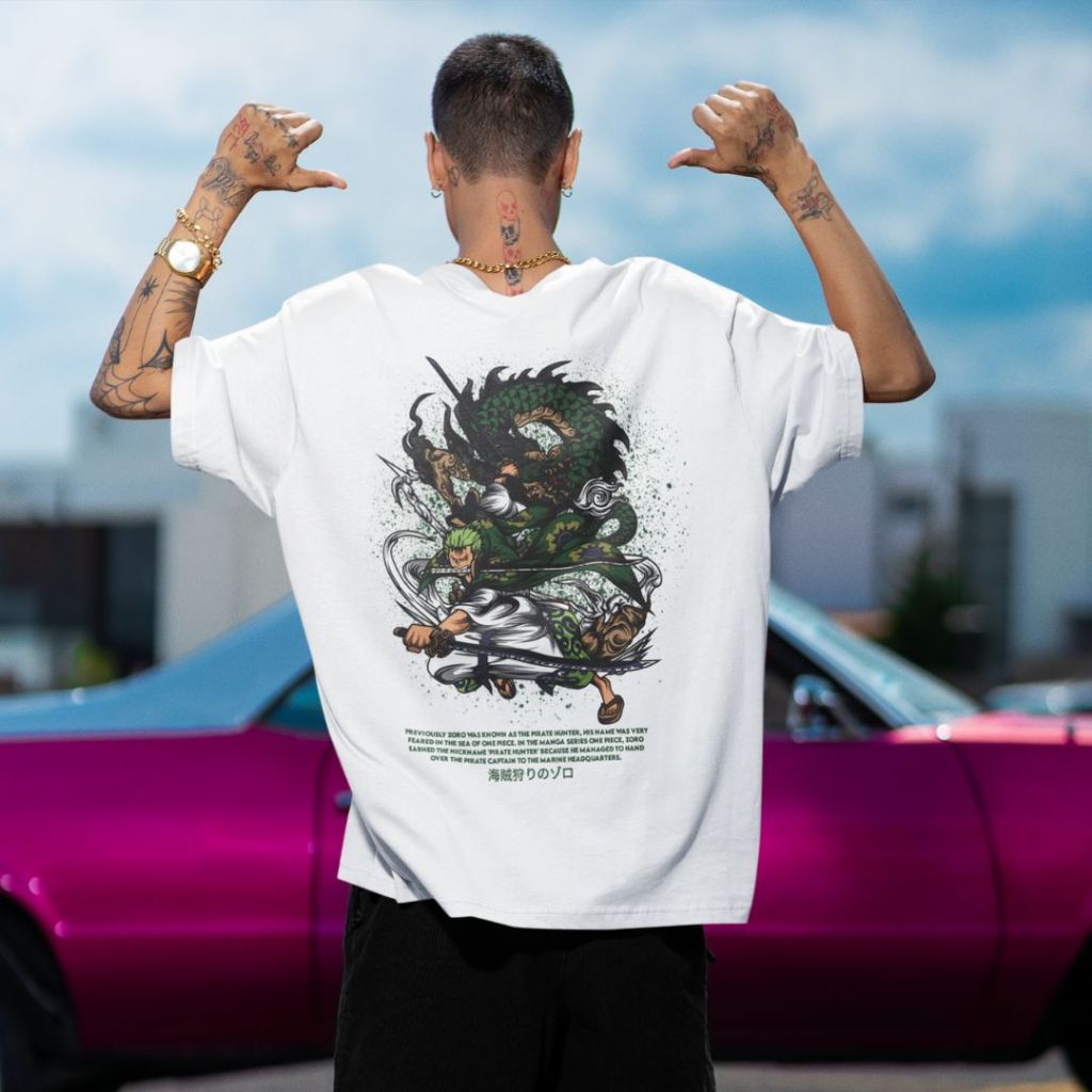 GAZFER Kaos Oversize Lengan Pendek One Piece Zoro Juro Katun Murni Pria Wanita Baju Street Style