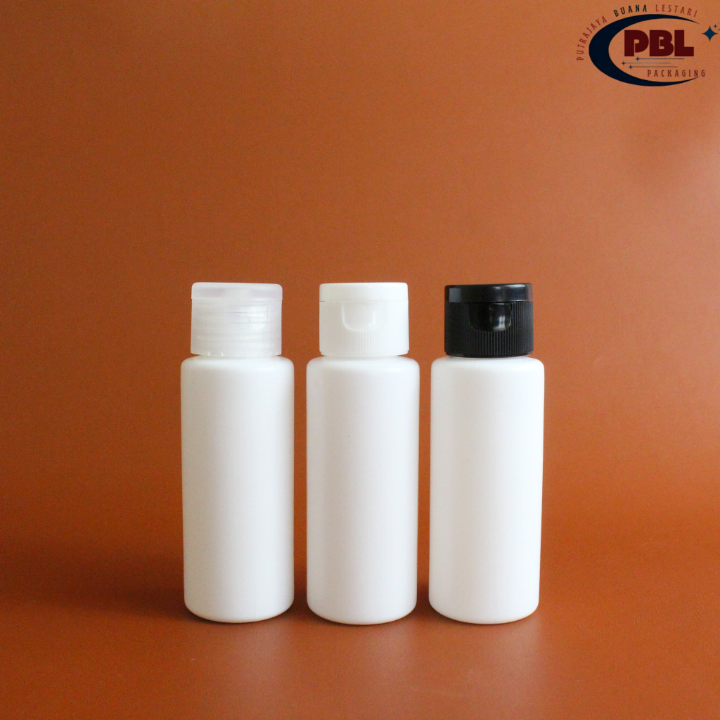 BOTOL FLIPTOP 60ml HDPE PUTIH / BOTOL PLASTIK 60ml / BOTOL TONER 60ml / TUTUP FLIPTOP BERGARIS NECK 