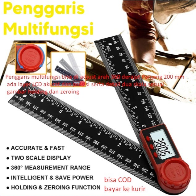 

Penggaris multifungsi bisa di adjust arah 360 derajat Panjang 200 mm ada layer LCD akurat dan presisi serta detail dua skala sesuai gambar holding dan zeroing
