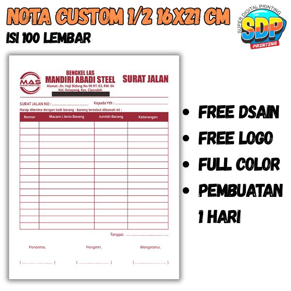 

nota custom 1/2 isi 100 gratis dsain ukuran 16x21cm nota besar bon ful color Super Digital Printing