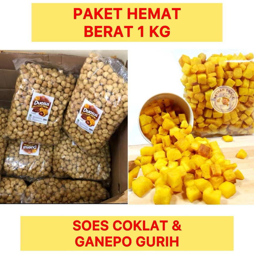 

(PAKET HEMAT SOES COKLAT LUMER & GANEPO UBI GURIH ) Cemilan Soes Coklat Lumer & Ganepo Ubi Gurih