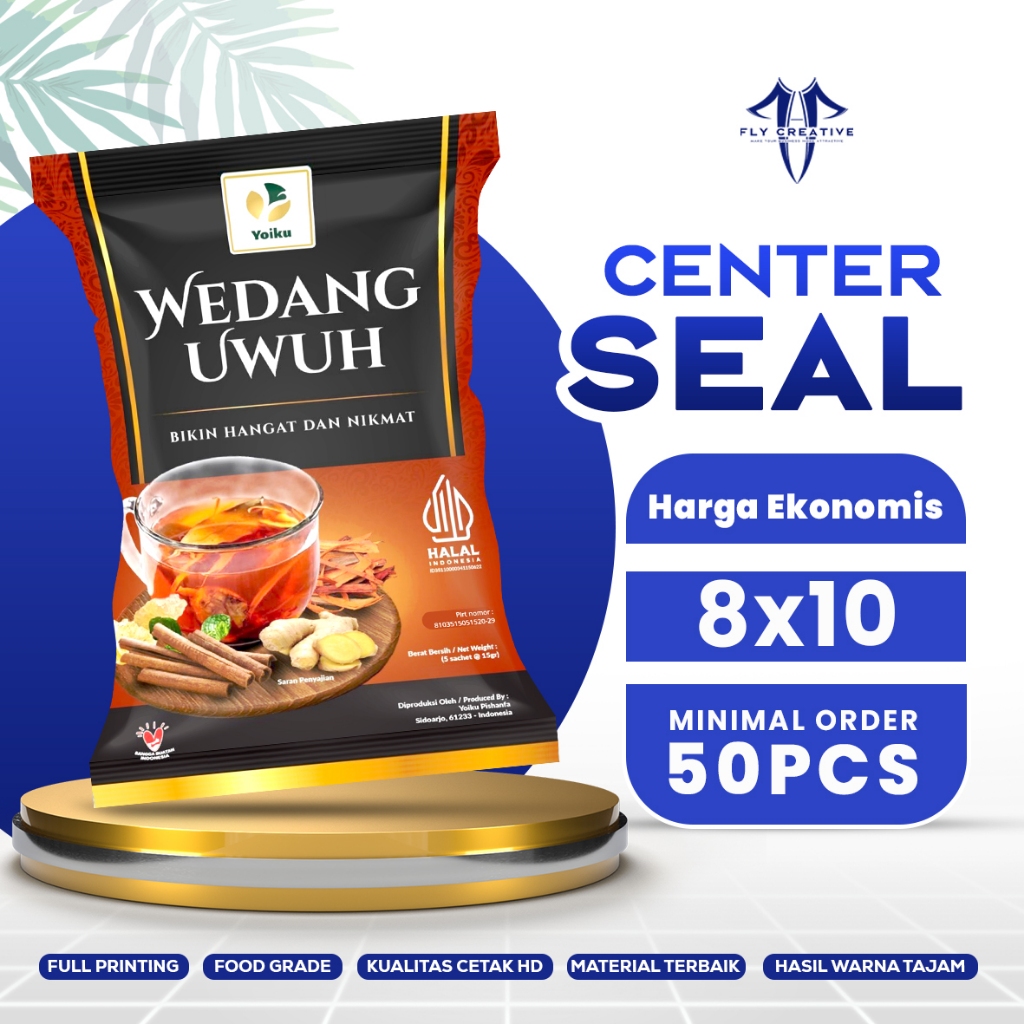 Fly Creative - Cetak Kemasan Center Seal Custom Full Printing 8x10 Minuman Bubuk Kopi Collagen Maske