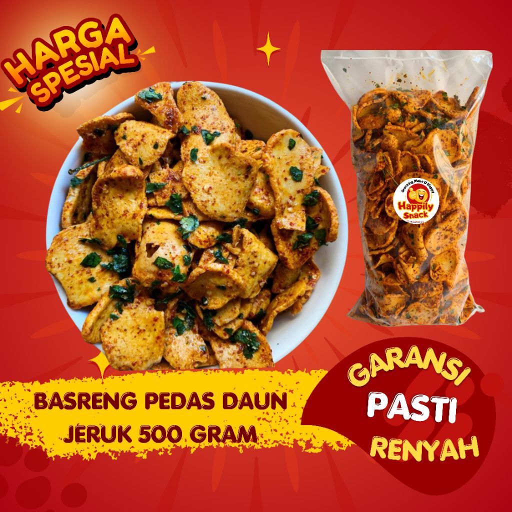 

Basreng Bulat Premium Pedas Daun Jeruk 500 gram / Basreng Koin Renyah Bumbu Pedas Daun Jeruk 1/2 kg